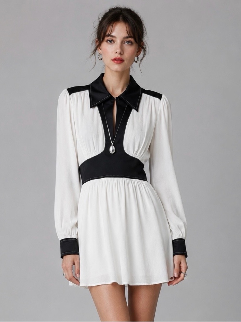STAUD White and Black Long-Sleeve Mini Dress